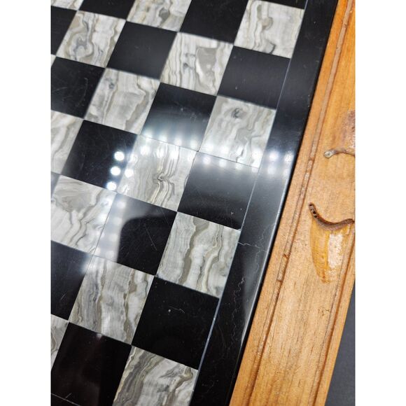 Hand Carved Wooden Marble Chess Board Set w/2 Drawers White Black Onyx Pieces - Picture 7 of 11
